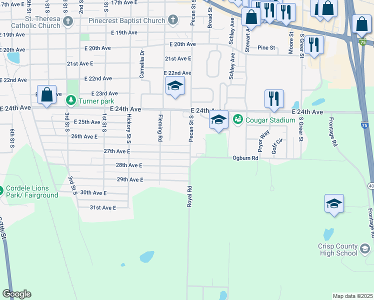 map of restaurants, bars, coffee shops, grocery stores, and more near 1026 27th Avenue East in Cordele