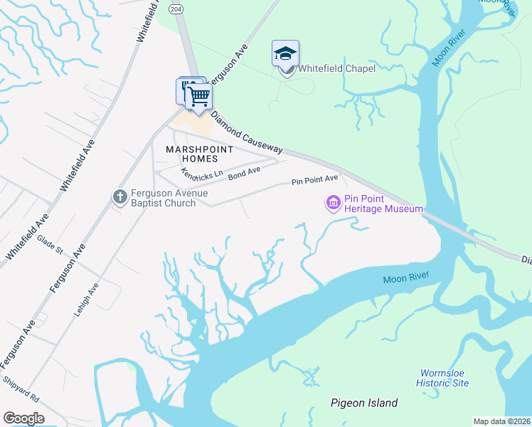 map of restaurants, bars, coffee shops, grocery stores, and more near 9984B Pin Point Avenue in Savannah