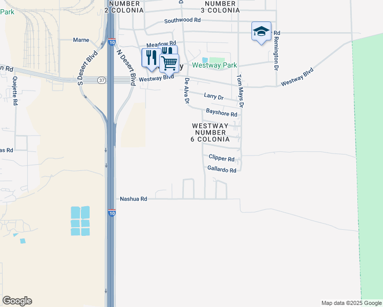 map of restaurants, bars, coffee shops, grocery stores, and more near De Alva Drive in Canutillo