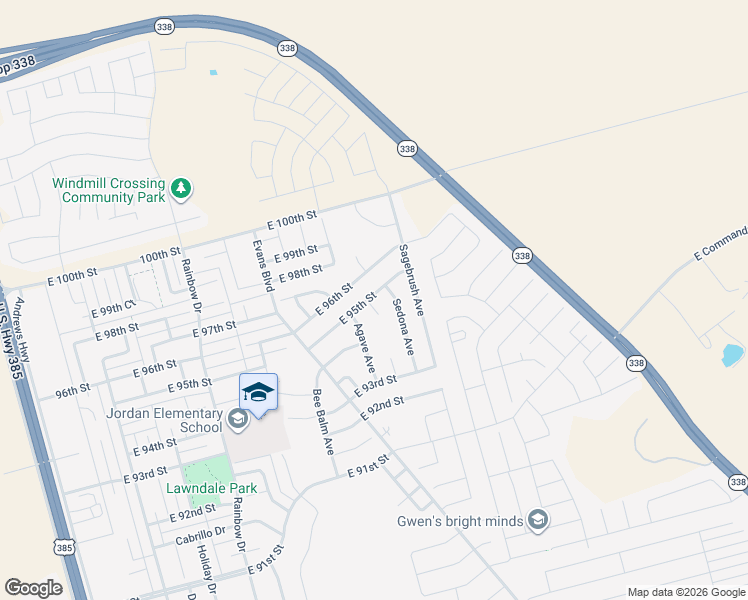 map of restaurants, bars, coffee shops, grocery stores, and more near 1015 East 95th Street in Odessa