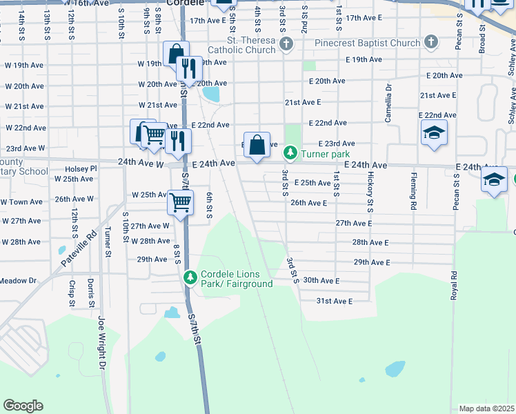map of restaurants, bars, coffee shops, grocery stores, and more near 303 26th Avenue East in Cordele