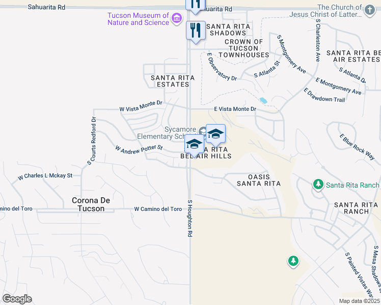 map of restaurants, bars, coffee shops, grocery stores, and more near 16705 South Houghton Road in Corona de Tucson