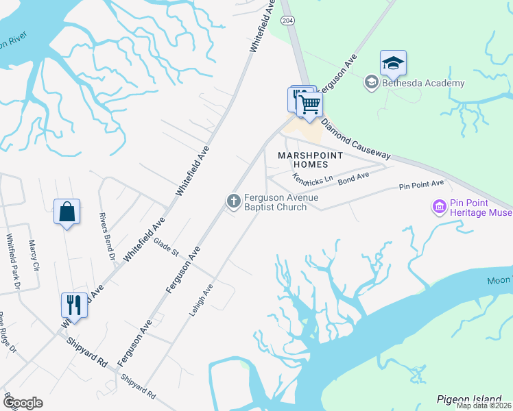 map of restaurants, bars, coffee shops, grocery stores, and more near 9637 Lehigh Avenue in Savannah