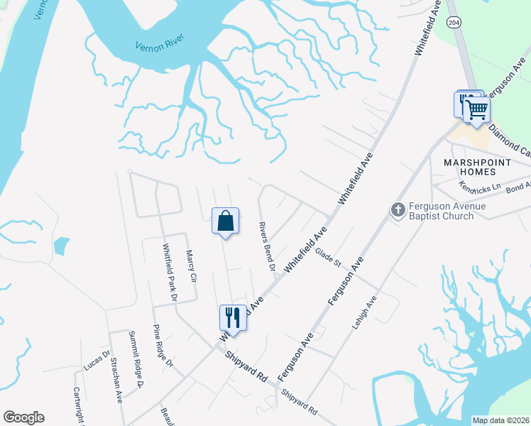 map of restaurants, bars, coffee shops, grocery stores, and more near 8 Pine Hammock Court in Savannah