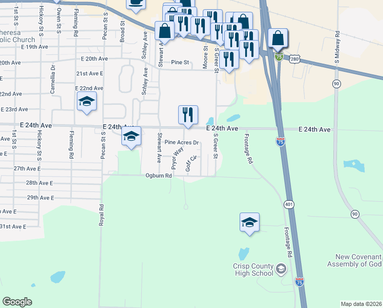 map of restaurants, bars, coffee shops, grocery stores, and more near 1502 Pine Acres Drive in Cordele