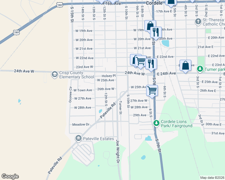 map of restaurants, bars, coffee shops, grocery stores, and more near 507 26th Avenue West in Cordele