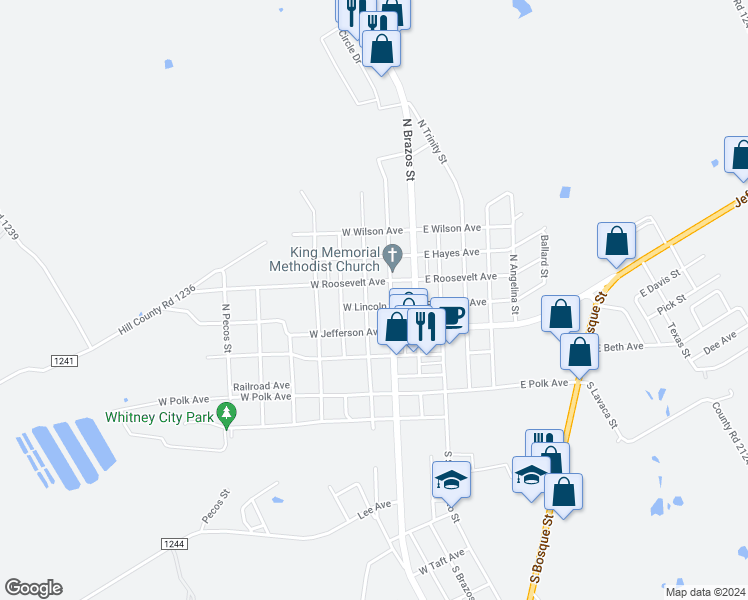 map of restaurants, bars, coffee shops, grocery stores, and more near 204 West Lincoln Avenue in Whitney