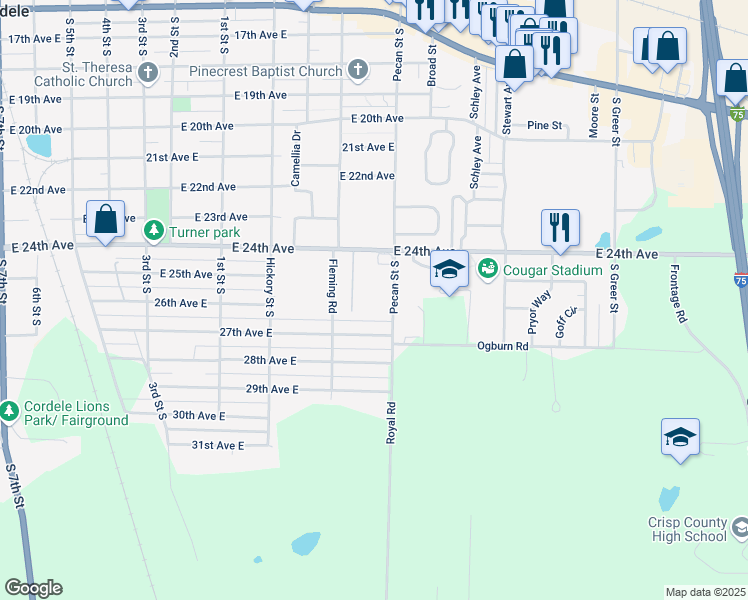 map of restaurants, bars, coffee shops, grocery stores, and more near 1500 Pecan Street South in Cordele