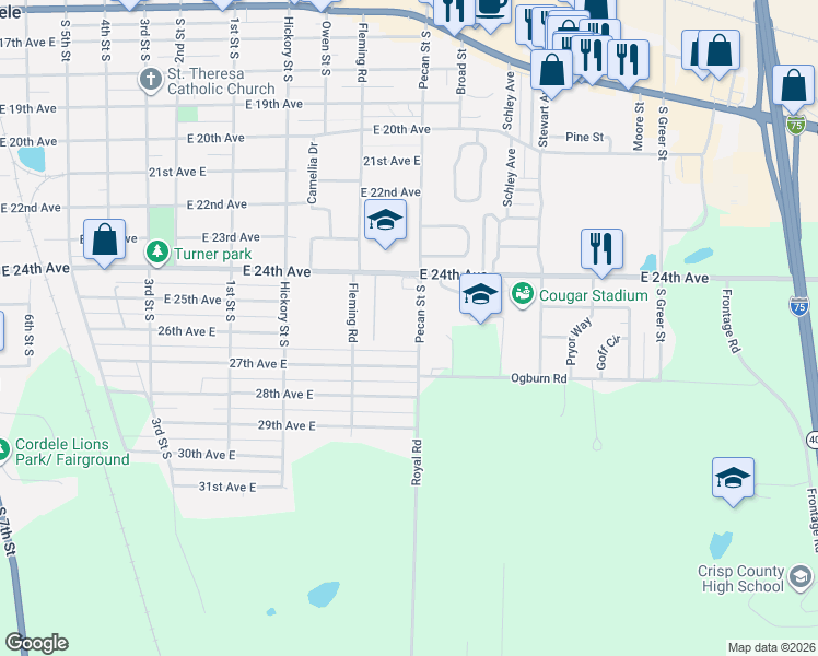 map of restaurants, bars, coffee shops, grocery stores, and more near 1500 Pecan Street South in Cordele