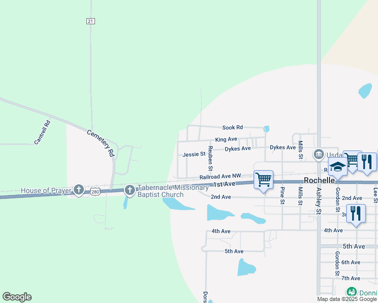map of restaurants, bars, coffee shops, grocery stores, and more near 104 Jessie Street in Rochelle
