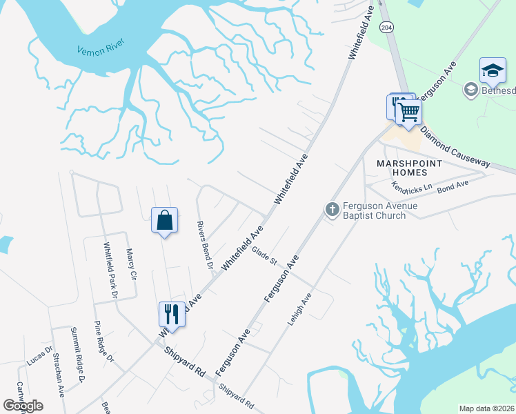 map of restaurants, bars, coffee shops, grocery stores, and more near 6 Rivers Bend Drive in Savannah