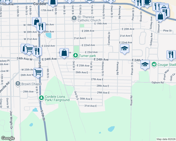 map of restaurants, bars, coffee shops, grocery stores, and more near 619 26th Avenue East in Cordele