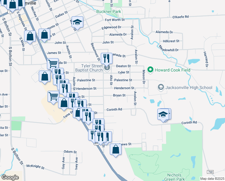 map of restaurants, bars, coffee shops, grocery stores, and more near 1004 Bryan Street in Jacksonville