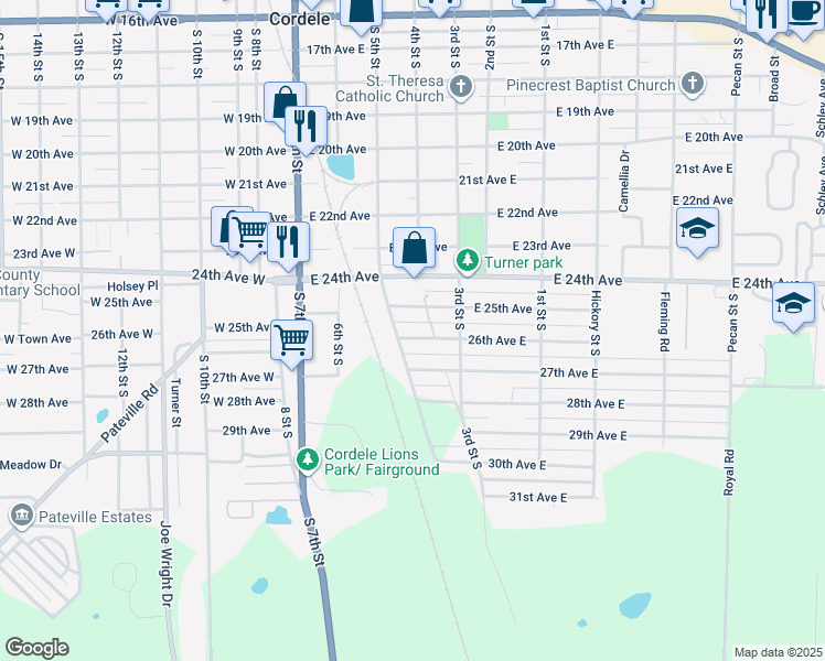 map of restaurants, bars, coffee shops, grocery stores, and more near 303 26th Avenue East in Cordele