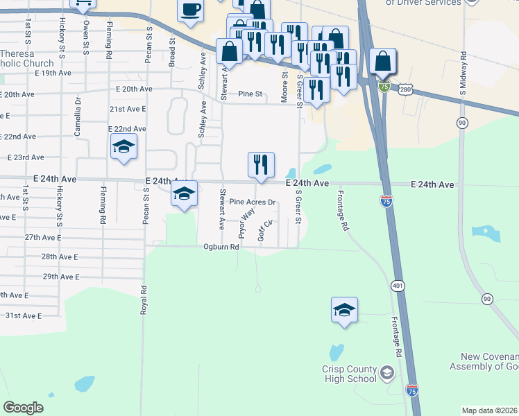 map of restaurants, bars, coffee shops, grocery stores, and more near 1502 Pine Acres Drive in Cordele