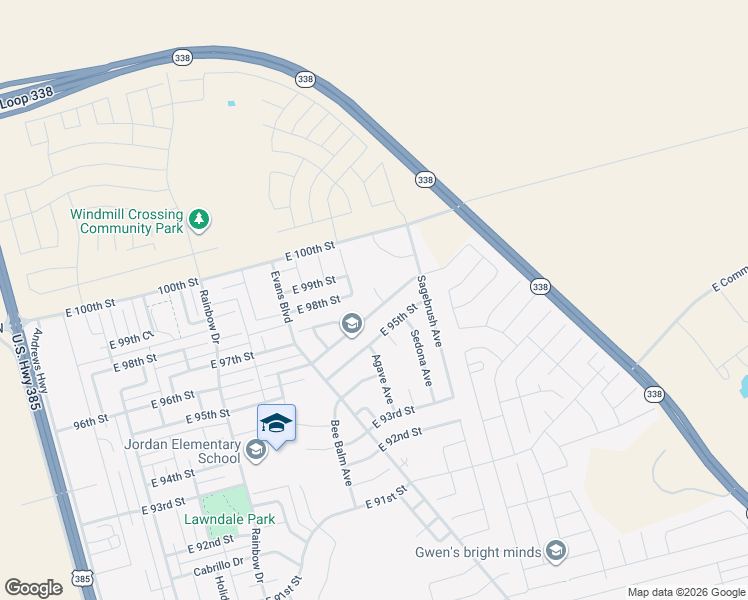 map of restaurants, bars, coffee shops, grocery stores, and more near 1015 East 95th Street in Odessa