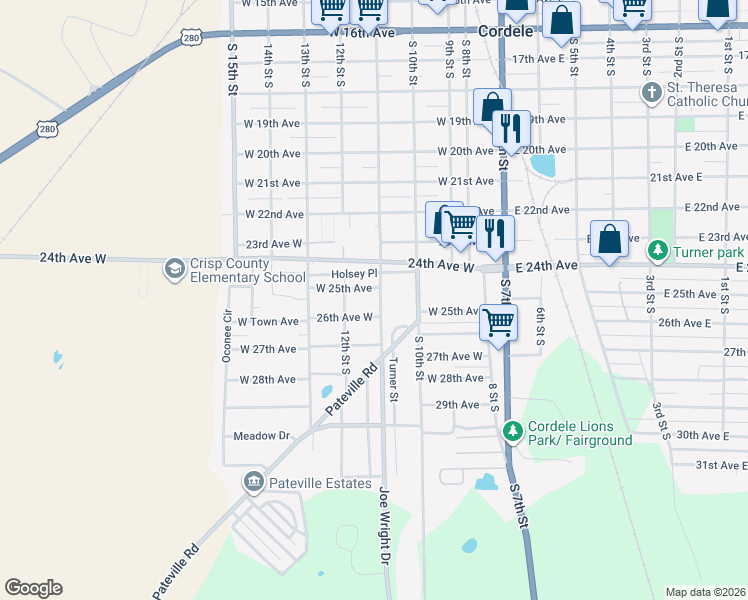map of restaurants, bars, coffee shops, grocery stores, and more near 507 26th Avenue West in Cordele