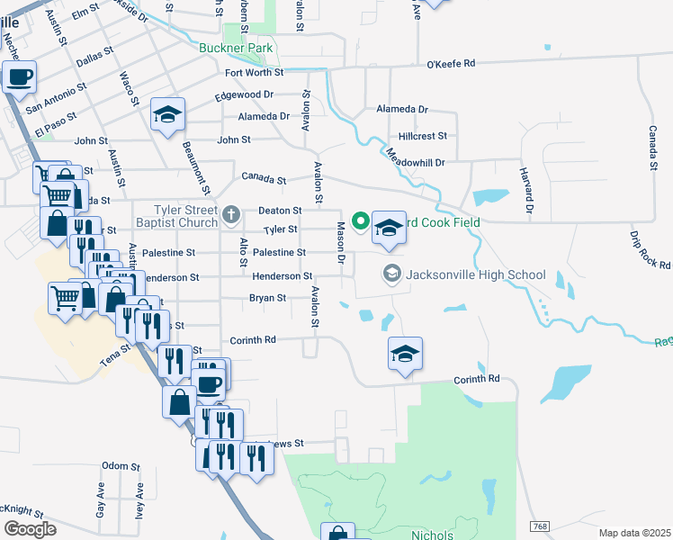 map of restaurants, bars, coffee shops, grocery stores, and more near 1118 Palestine Street in Jacksonville