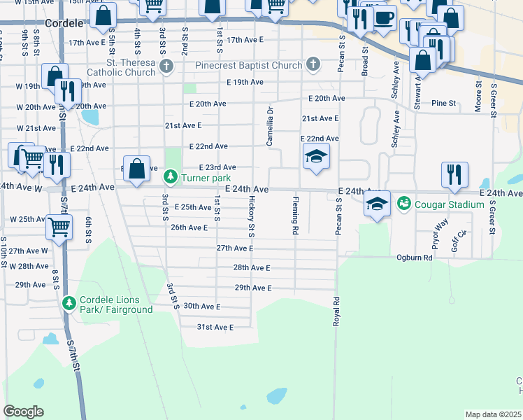 map of restaurants, bars, coffee shops, grocery stores, and more near 802 East 24th Avenue in Cordele