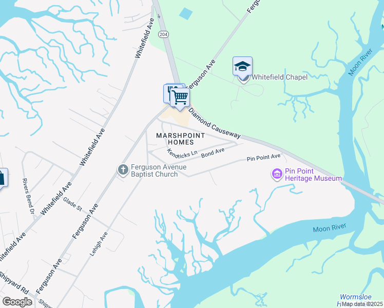 map of restaurants, bars, coffee shops, grocery stores, and more near 57 Kendricks Lane in Savannah