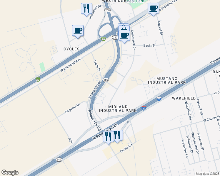 map of restaurants, bars, coffee shops, grocery stores, and more near 5511 State Street in Midland