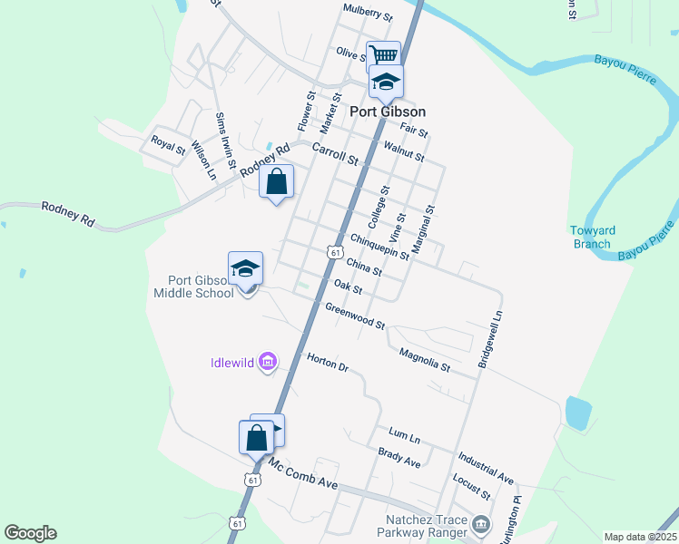 map of restaurants, bars, coffee shops, grocery stores, and more near 1201 Church St in Port Gibson