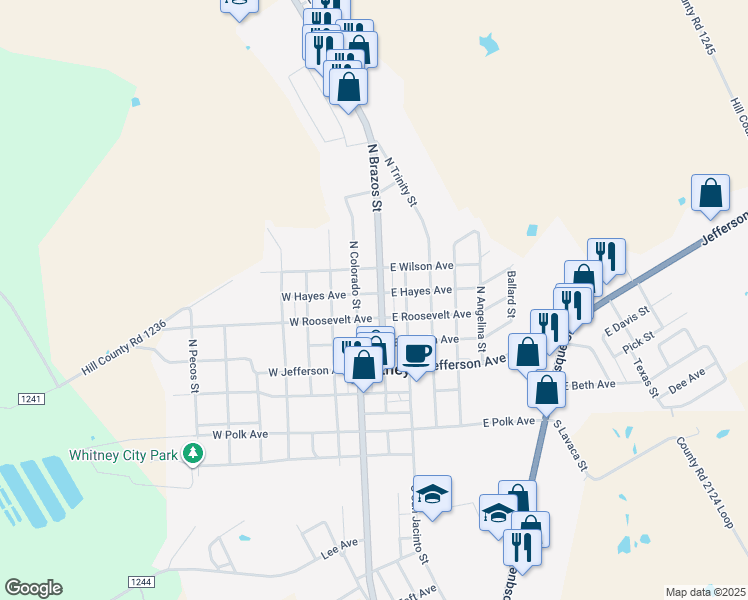 map of restaurants, bars, coffee shops, grocery stores, and more near 509 North Brazos Street in Whitney