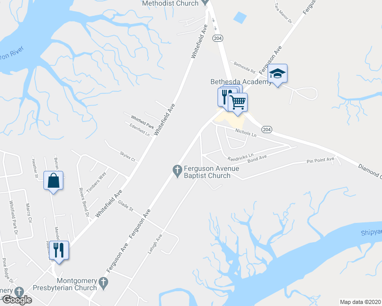 map of restaurants, bars, coffee shops, grocery stores, and more near 10014 Ferguson Avenue in Savannah