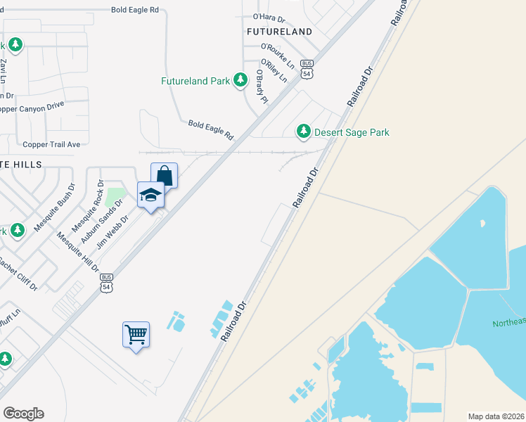 map of restaurants, bars, coffee shops, grocery stores, and more near 12001 Railroad Drive in El Paso