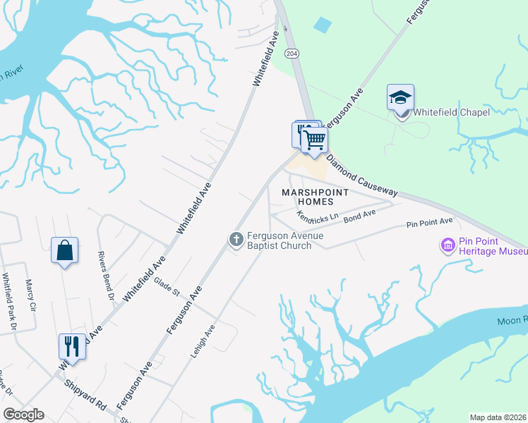 map of restaurants, bars, coffee shops, grocery stores, and more near 10014 Ferguson Avenue in Savannah