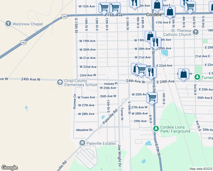 map of restaurants, bars, coffee shops, grocery stores, and more near Holsey Place in Cordele