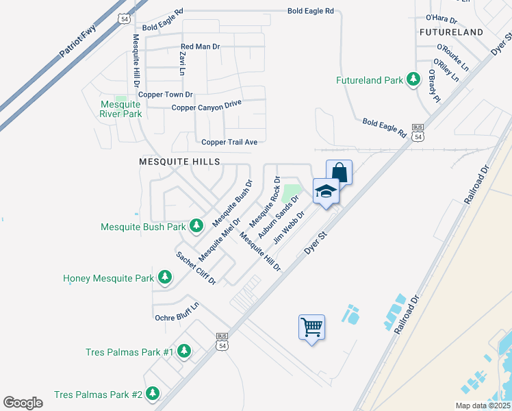 map of restaurants, bars, coffee shops, grocery stores, and more near 11920 Mesquite Miel Drive in El Paso