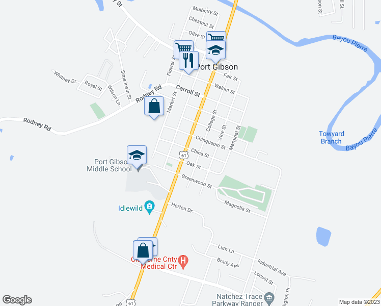 map of restaurants, bars, coffee shops, grocery stores, and more near 1201 Church St in Port Gibson