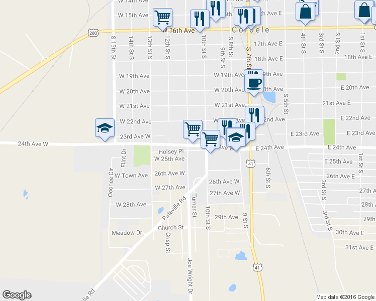 map of restaurants, bars, coffee shops, grocery stores, and more near Holsey Place in Cordele