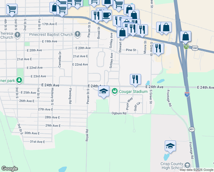 map of restaurants, bars, coffee shops, grocery stores, and more near 1216 East 24th Avenue in Cordele