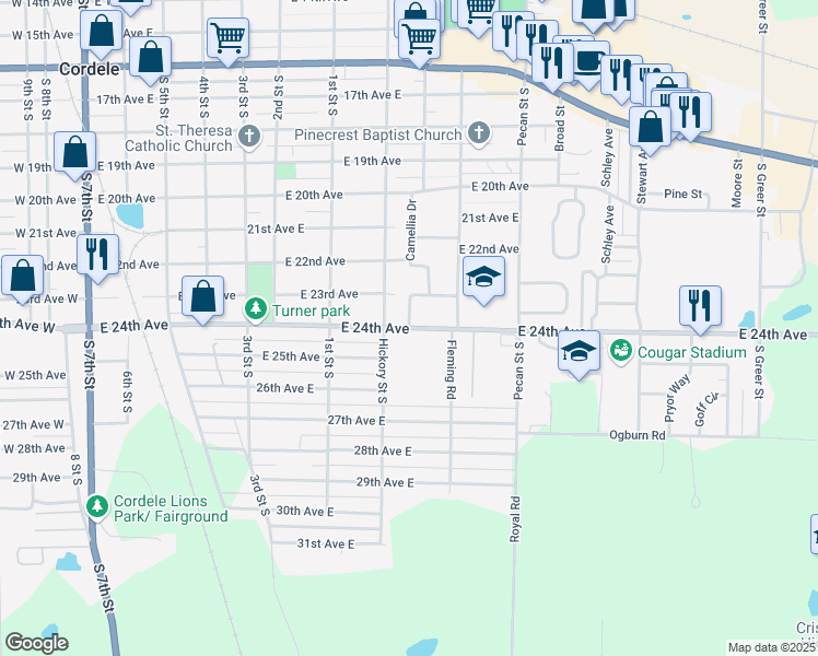 map of restaurants, bars, coffee shops, grocery stores, and more near 802 East 24th Avenue in Cordele