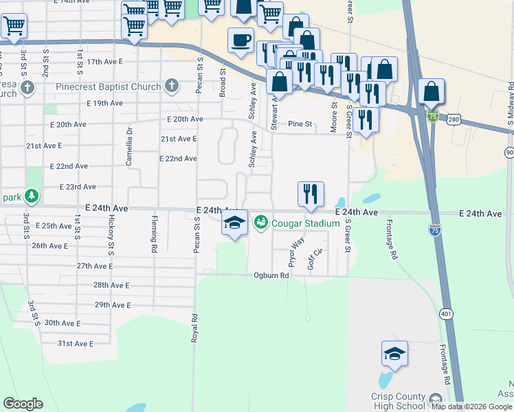 map of restaurants, bars, coffee shops, grocery stores, and more near 1216-1314 24th Avenue East in Cordele