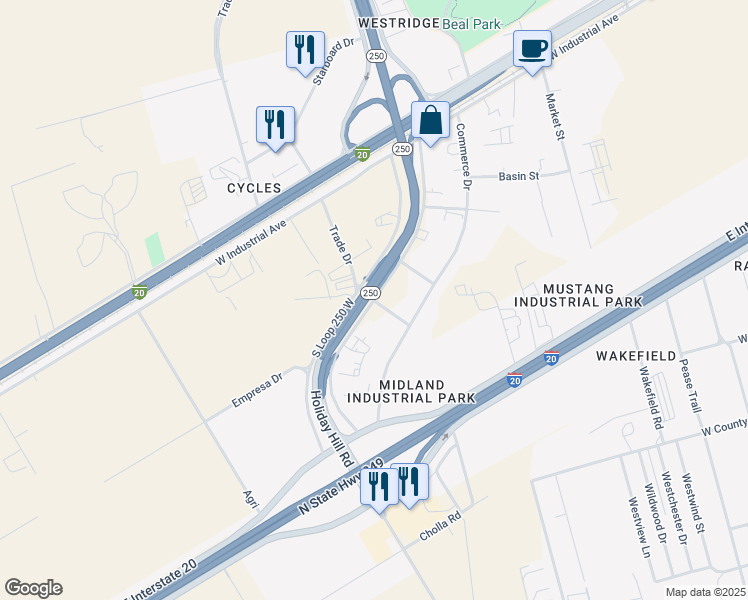 map of restaurants, bars, coffee shops, grocery stores, and more near 5511 State Street in Midland