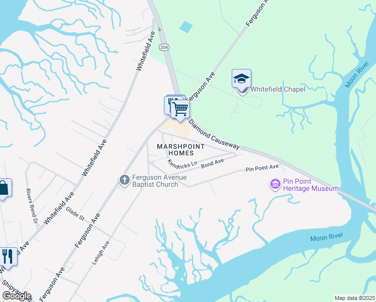 map of restaurants, bars, coffee shops, grocery stores, and more near 57 Kendricks Lane in Savannah