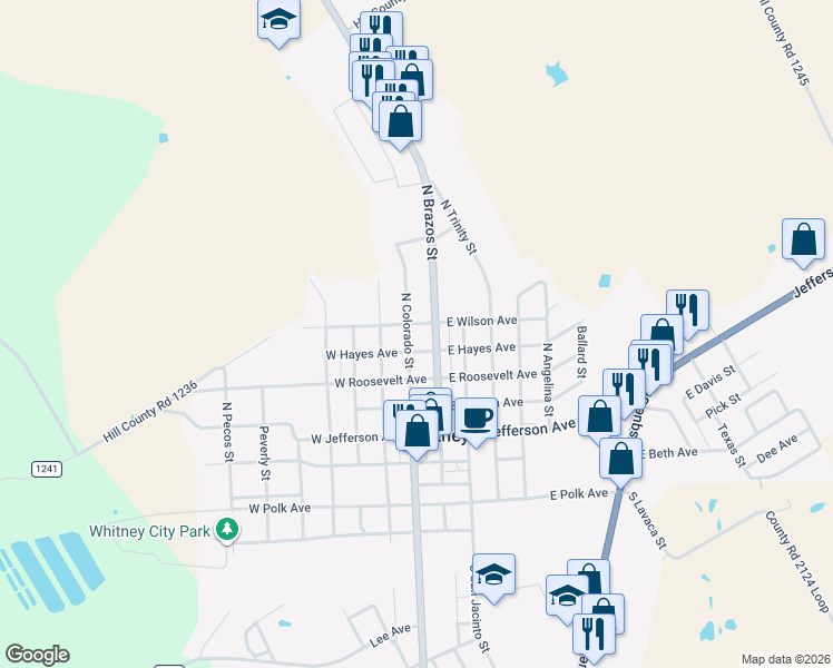 map of restaurants, bars, coffee shops, grocery stores, and more near 509 North Brazos Street in Whitney