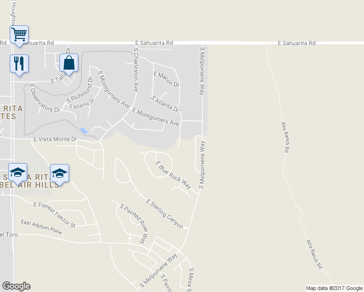 map of restaurants, bars, coffee shops, grocery stores, and more near 435 South Atlanta Drive in Corona de Tucson