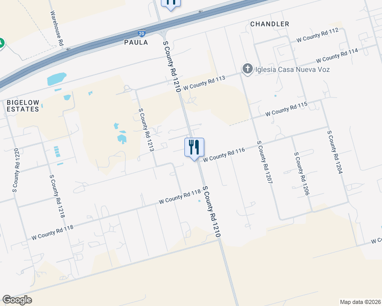 map of restaurants, bars, coffee shops, grocery stores, and more near 3300-3502 West County Road 115 in Midland