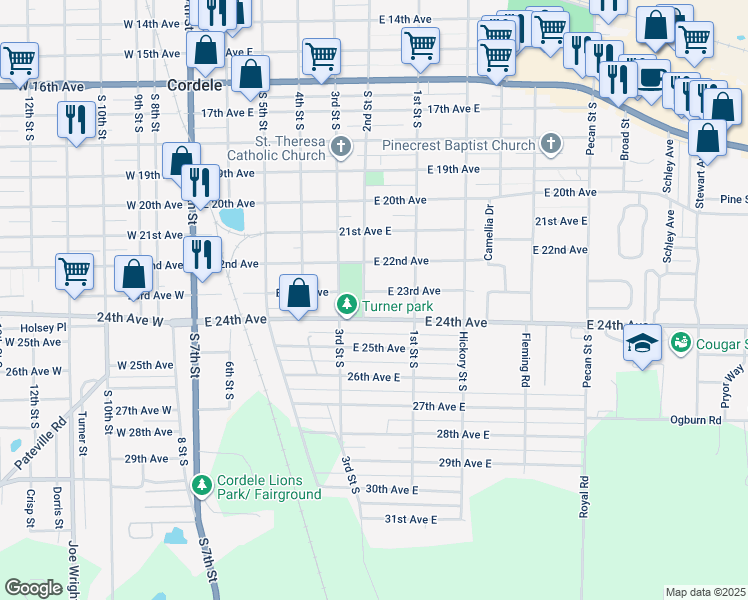map of restaurants, bars, coffee shops, grocery stores, and more near 601 East 23rd Avenue in Cordele