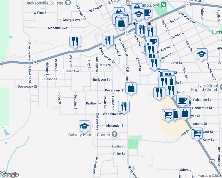 map of restaurants, bars, coffee shops, grocery stores, and more near 733 South Bonner Street in Jacksonville