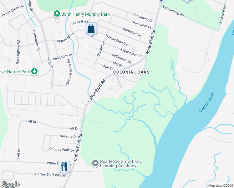 map of restaurants, bars, coffee shops, grocery stores, and more near 121 Brown Pelican Drive in Savannah