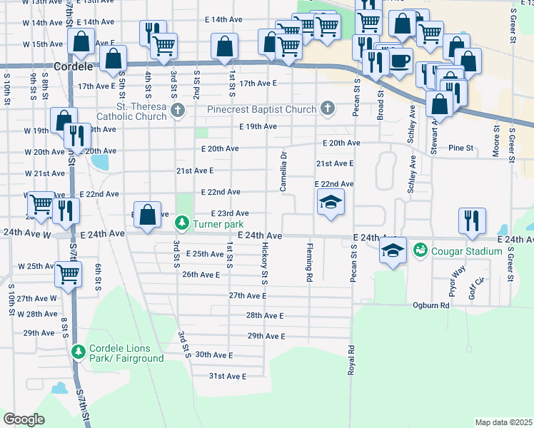 map of restaurants, bars, coffee shops, grocery stores, and more near 1303 23rd Avenue in Cordele