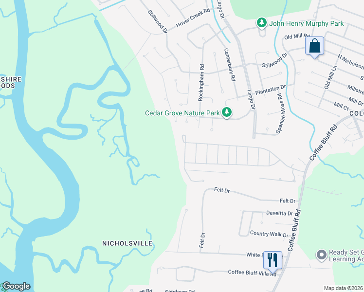 map of restaurants, bars, coffee shops, grocery stores, and more near 100 Coffee Bluff Villa Road in Savannah