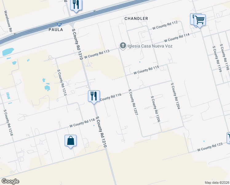map of restaurants, bars, coffee shops, grocery stores, and more near 3000-3198 West County Road 116 in Midland