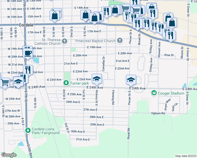 map of restaurants, bars, coffee shops, grocery stores, and more near 1303 23rd Avenue in Cordele