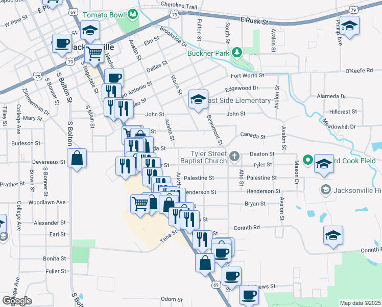 map of restaurants, bars, coffee shops, grocery stores, and more near 716 Tyler Street in Jacksonville
